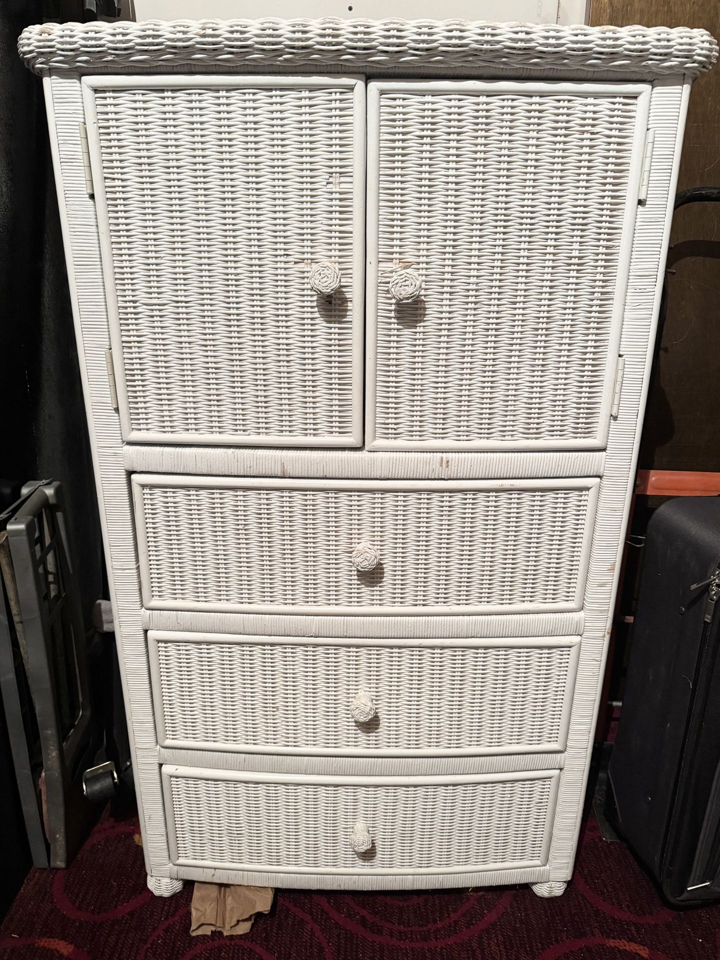 Vintage Wicker Cabinet Chest Drawers White