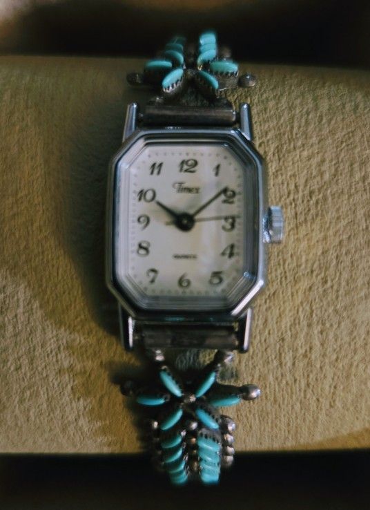 Vintage Ladies Timex Watch Turquoise And Silver Toned