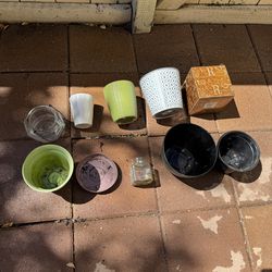 Lot of 9 Metal/Glass/Plastic Plant Pots. Assorted Sizes &Colors + 1 base! Great Condition
