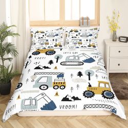 Cartoon Car Kids Bedding Set Construction Bedding Duvet Cover Set Boys Decor Equipment Trucks Comforter Cover Set Excavator Tractor White Yellow Bedsp