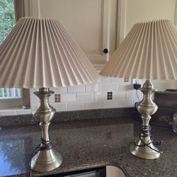 Two Burnished Brass Lamps w/Shades