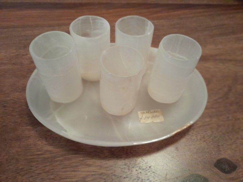 Antique Alabaster Stone Shot Glasses and Tray: A Vintage Collection