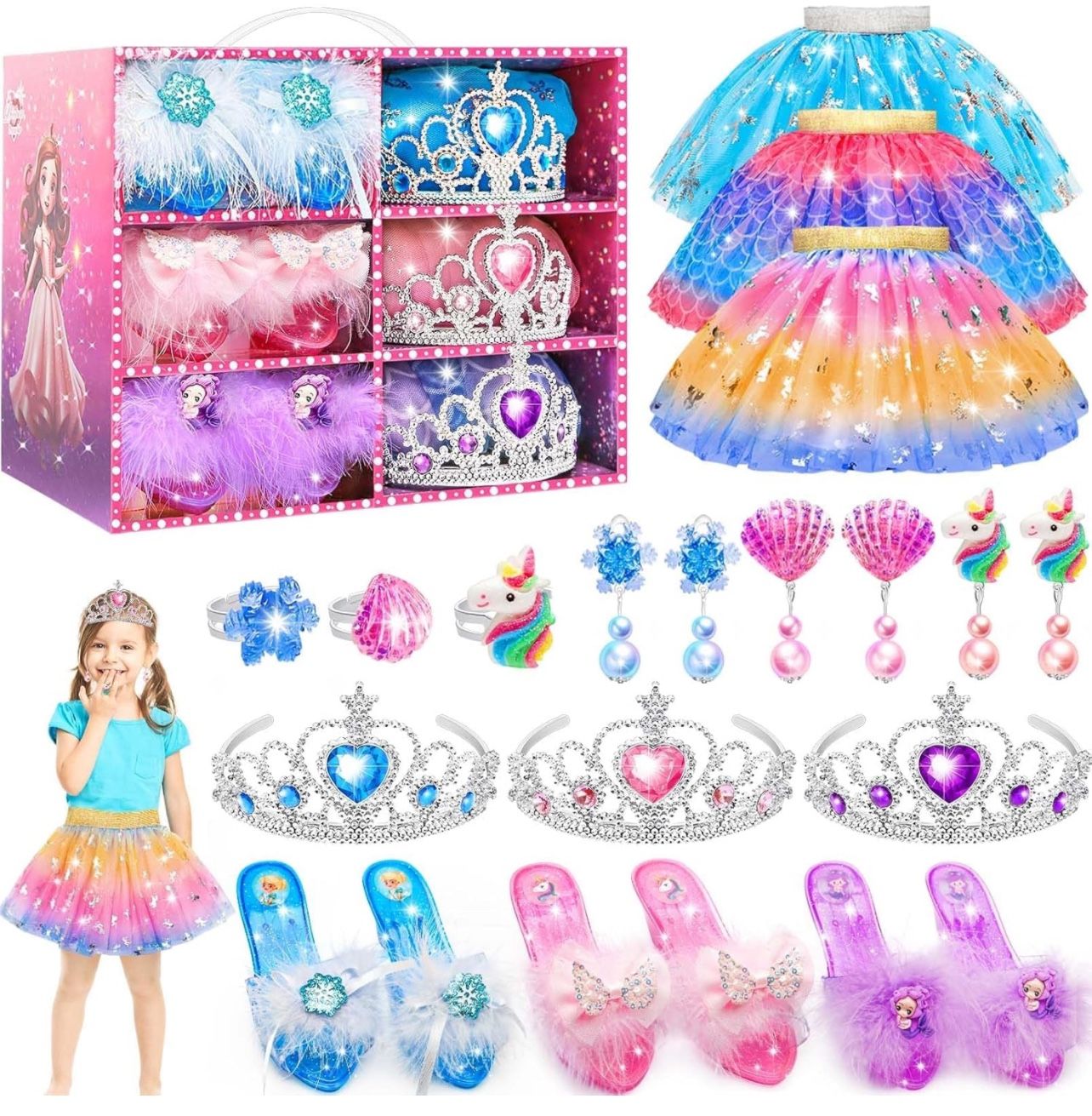 Princess Dresses for Girls,Unicorns Gifts for Girls,Princess Dress Up Clothes for Little Girls,Skirts,Princess Shoes,Crowns,Jewery,