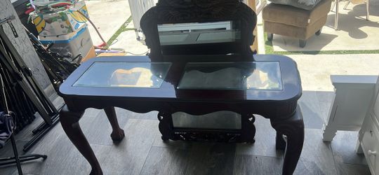 Dark Wood Vanity Desk with Glass Top and Mirror