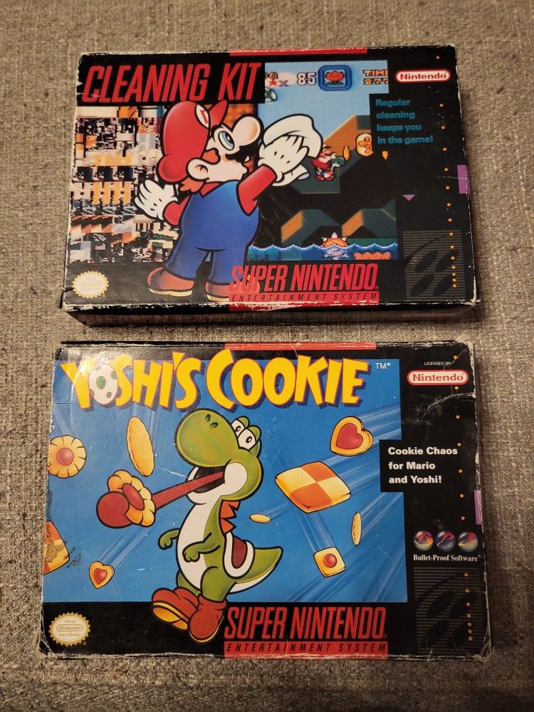 Super Nintendo Complete yoshis cookie
And complete Super Nintendo cleaning kit
Both Complete cartridges are both in Excellent condition And working