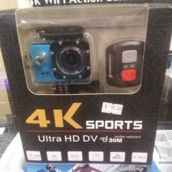 Blue 4K Sports Action Camera With Attachments 