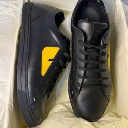 FENDI Men's Black and Yellow Leather Lace-Up Sneakers Size 9