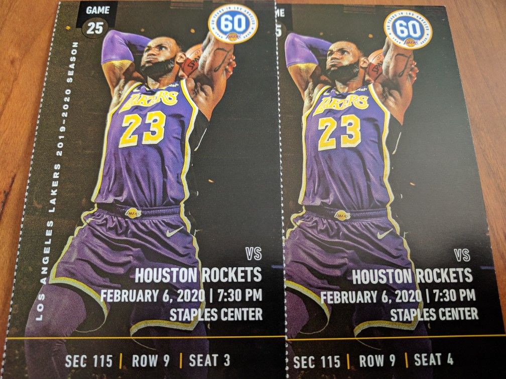 2 tickets Lakers vs. Rockets Section 115, Row 9
