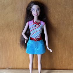 2009 Mattel Brunette Barbie Doll Blue Skirt w/ Striped Sleeveless Shirt 1690I