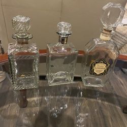 3 Vintage Whiskey Glass Decanters  With Top.