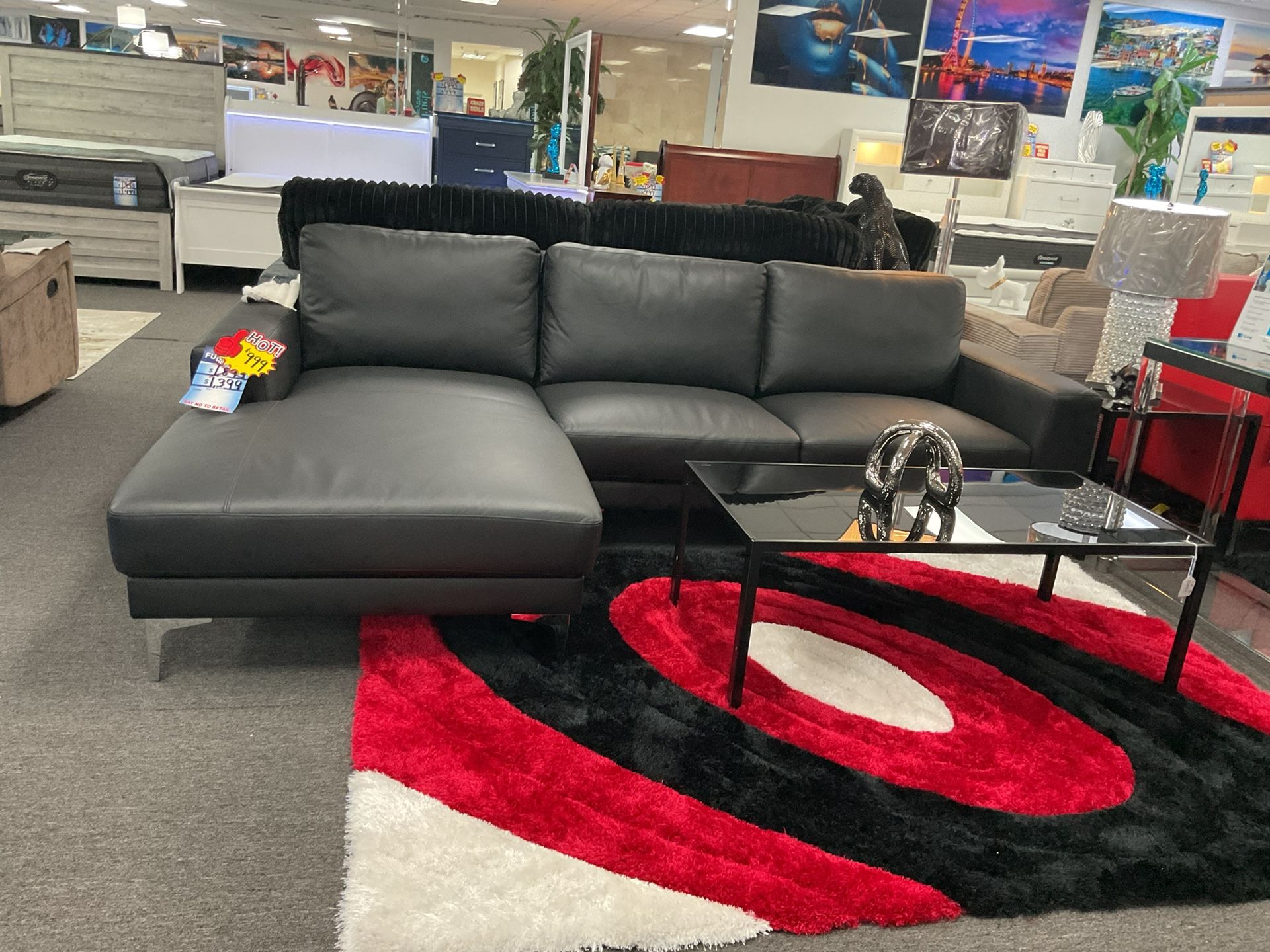 Black Real Leather L-Shaped Sectional Couch For Sale (furniture Assembly)