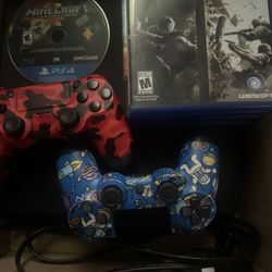 PS4 SLIM with 4 random games, minecraft, 2 controllers, and a power cord.