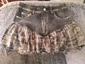 Denim Mini Skirt with Plaid Ruffle Hem