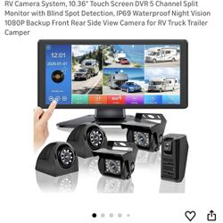 RV Camera System, 10.36" Touch Screen DVR 5 Channel Split Monitor with Blind Spot Detection, IP69 Waterproof Night Vision 1080P Backup Front Rear Side