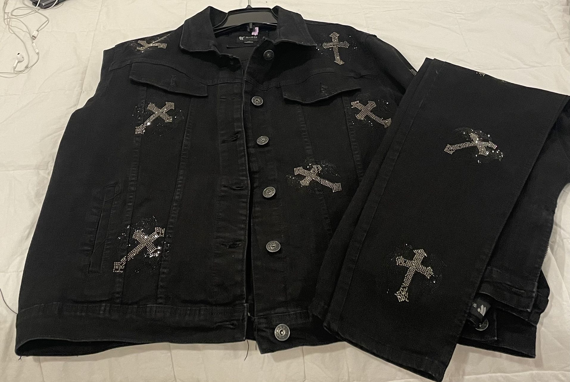 Waimea Cross Studded Ripped Black Denim Jacket & Black Jeans