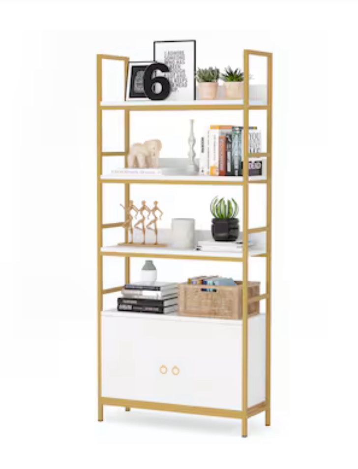 Tribesigns Hoga-F1159 White Metal 4-Shelf Bookcase with Doors (35.43-in W x 70.86-in H x 11.81-in D)
