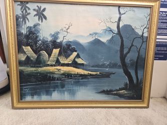 Vintage Mid Century Signed Oil Painting Tropical Village Landscape