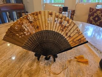 Vintage Folding Hand Fan Silk Embroidered Hand Painted Floral Black Gold Tassel