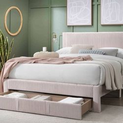 ✅️✅️light pink corduroy fabric queen size bed with modern style and footboard storage drawer✅️