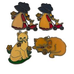 Vintage Holly Hobbie Girl CATS LOT acrylic stained glass  Window Suncatcher MCM
