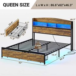 ADORNEVE Queen size LED Bed Frame with USB-C/A Charging Station, Metal Platform Bed with RGB Light Headboard and 2 Storage Drawers, No Box-Spring Need