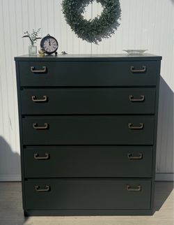 Dark Green 5-Drawer Dresser with Brass Hardware