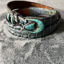 John Fong Exotic Leather Crocodile Turquoise And Sterling Silver Belt For Woman Size 34 To 38