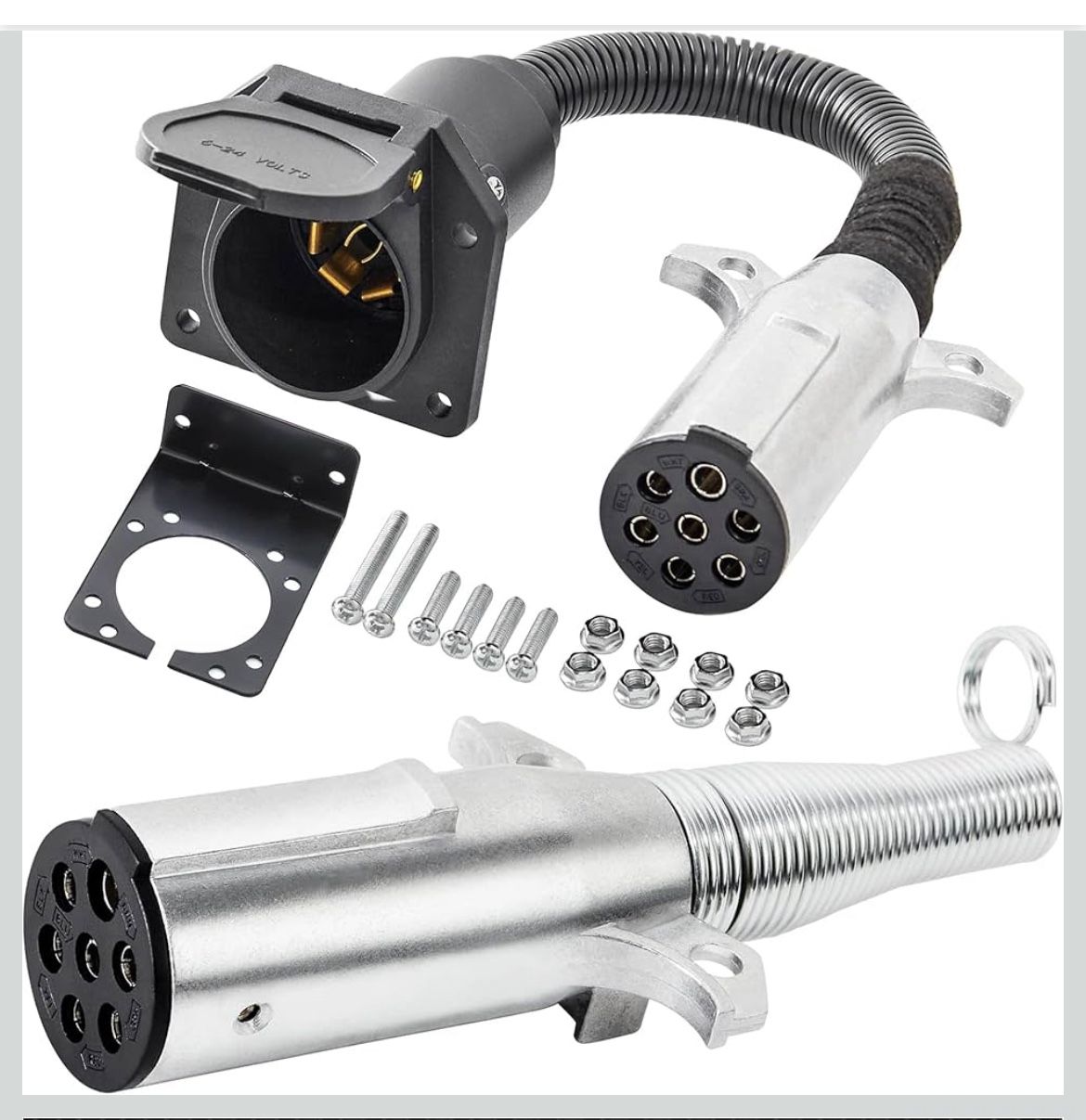 Oyviny 7 Pin Round to 7 Pin RV Trailer Adapter with Mounting Bracket + 7 Way Round Pin Trailer Plug with Extension Spring