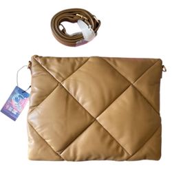 Le Duo Chic 14” Laptop Sleeve Bag Tan Quilted PU Leather Padded Case with Strap