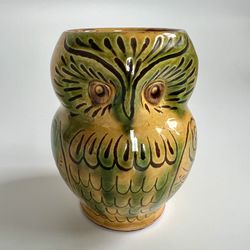 MCM Owl Vase Handmade Stoneware Folk Art Cottagecore Glazed