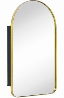 Eghome Brushed Gold Arched Recessed Bathroom Medicine Cabinet with Mirror Stainless Steel Metal Framed Rectangular Bathroom Cabinet with Mirror 16x28.