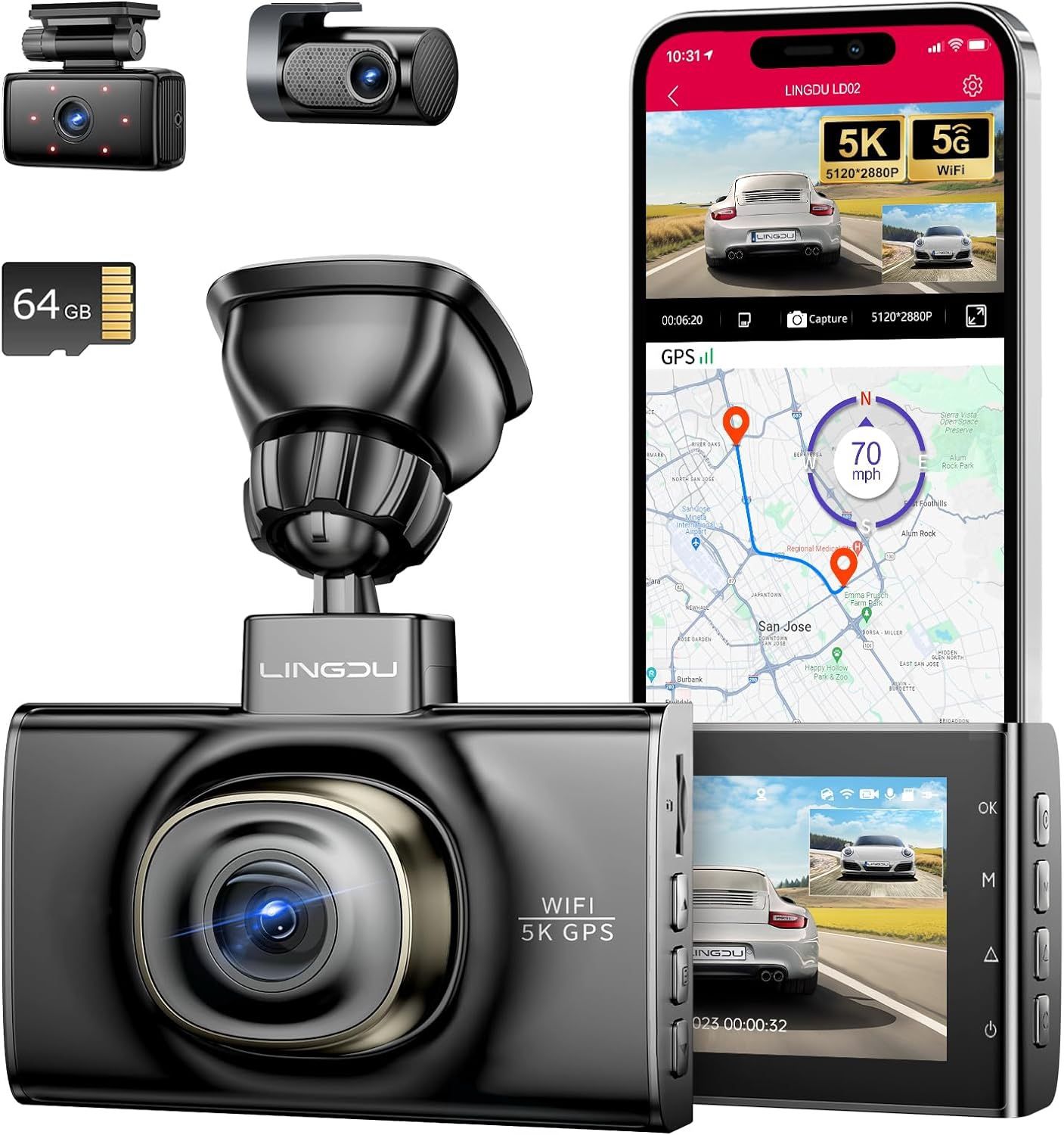 5K Channel Dash Cam 5G WiFi with Free 64GB Card, 4K+1080P+1080P