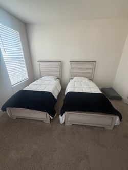 2 Matching Living Spaces Cassie Twin Beds with Mattresses – $595