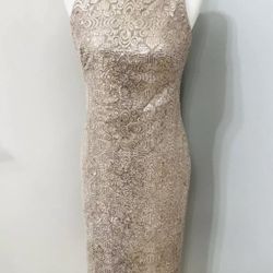 Ralph Lauren Womens Sequin Bodycon Gold Midi Sleeveless Dress Size 4 (small)
