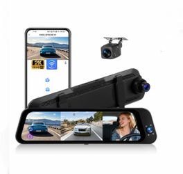 2k 3 Channel Mirror Dash Cam Front Rear Car Backup Camera, App Control, 9.33” Touch Screen, Night Vision, G-Sensor Parking Monitor