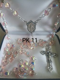 Pink Heart-shaped Aurora Borealis Glass Bead Rosary And Rosary Pouch.  PK 11