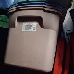 Plastic Bins,  Fans Rootbeer Bottles 