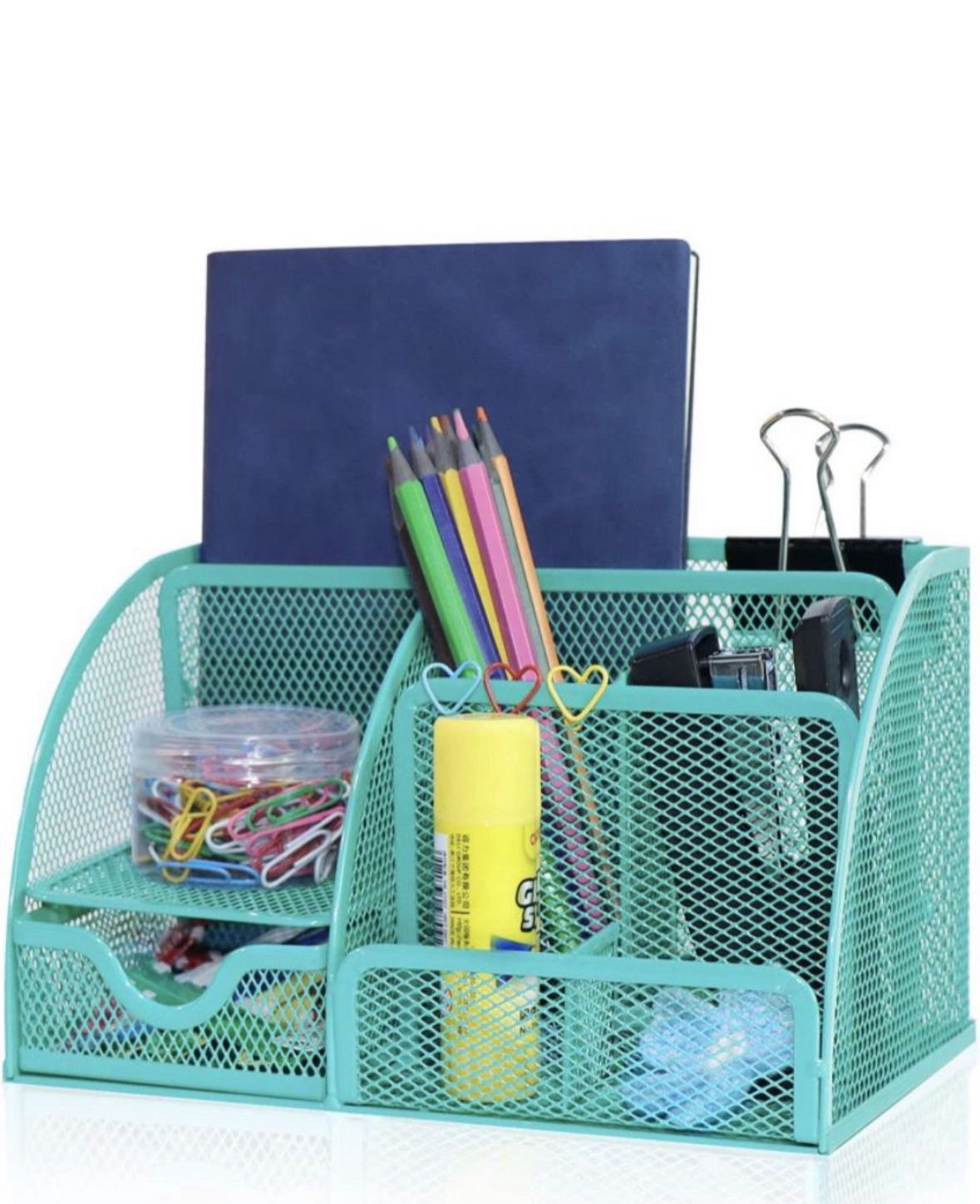 Desk Organizer Office Accessories, Multi-Functional Mesh Desk Organizer with 6 Compartments and 1 Drawer for Home, Office, School, Workshop, kitchen (