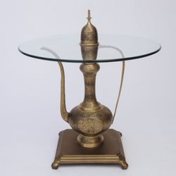 Antique Brass Etched Tea Kettle High-End Custom Side Table