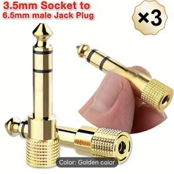3 Packs 6.35mm (1/4 Inch) Male To 3.5mm (1/8 Inch) Female Stereo Jack Headphone Audio Adapter Golden Plated, 3-Conductor TRS AUX Plug
