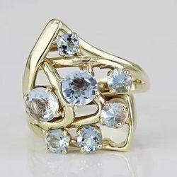 Vintage 14k Yellow Gold Aquamarine Gemstone Anniversary Cocktail Birthstone Ring 