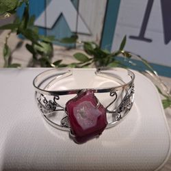 Magenta and silver Geode Agate Women's Cuff Fits Up To 8"