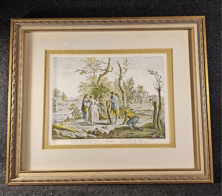Antique/Vintage Framed Color Print Etching "MARZO", Bartolozzi, Zocchi, Italian Fine Art