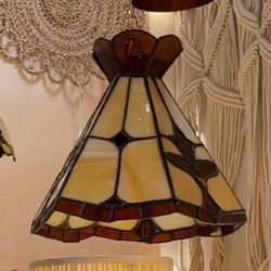 Vintage Tiffany Style Slag Glass 14" Dia Hexagon Lamp Shade with Flower and Brown Accents