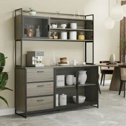 Kitchen Pantry Storage Cabinet, Sideboard Buffet with Hutch, Metal Mesh Door and 3 Storage Drawers, Gray