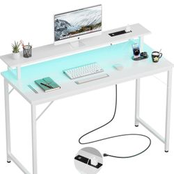 Computer Desk with Power Outlets, Gaming Desk with LED Lights