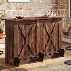 63-Inch Bar Table, 2-Tier Bar Cabinet Height Pub Table with Footrest, Modern Coffee Cabinet. Dark Brown
