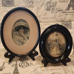 2 Vintage Framed Victorian Ladies Wall Pictures - Convex Bubble Glass - Stand Not Included 