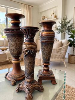 Set of 3 Vintage Tuscan Crackle Mosaic Pedestal Candle Holders - Ornate Bronze/Brown