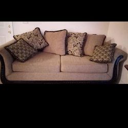 Tan and Black Paisley Sofa and Loveseat 
